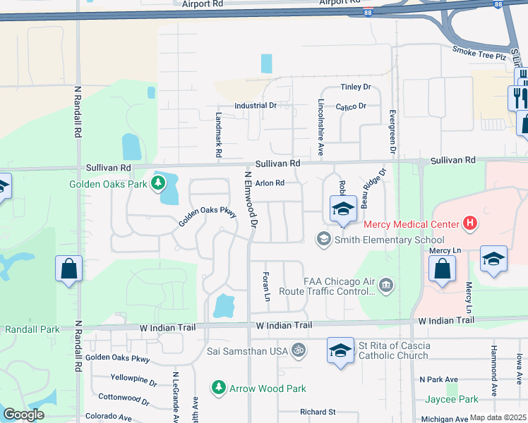 map of restaurants, bars, coffee shops, grocery stores, and more near 1418 Green Oak Trail in Aurora