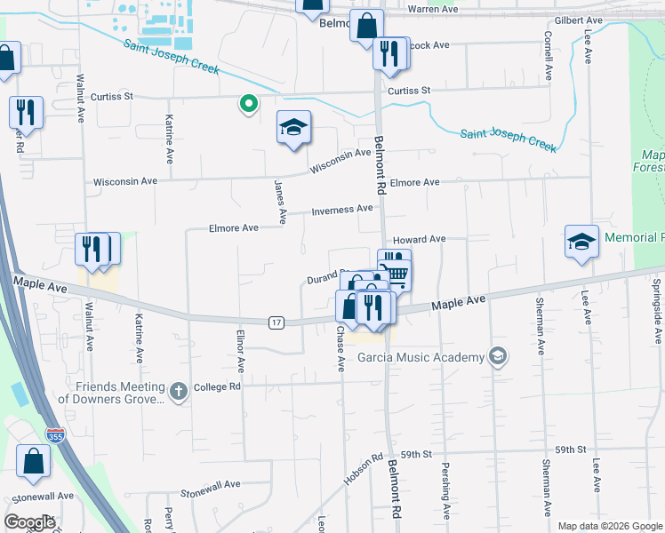 map of restaurants, bars, coffee shops, grocery stores, and more near 2243 Tamarack Drive in Downers Grove