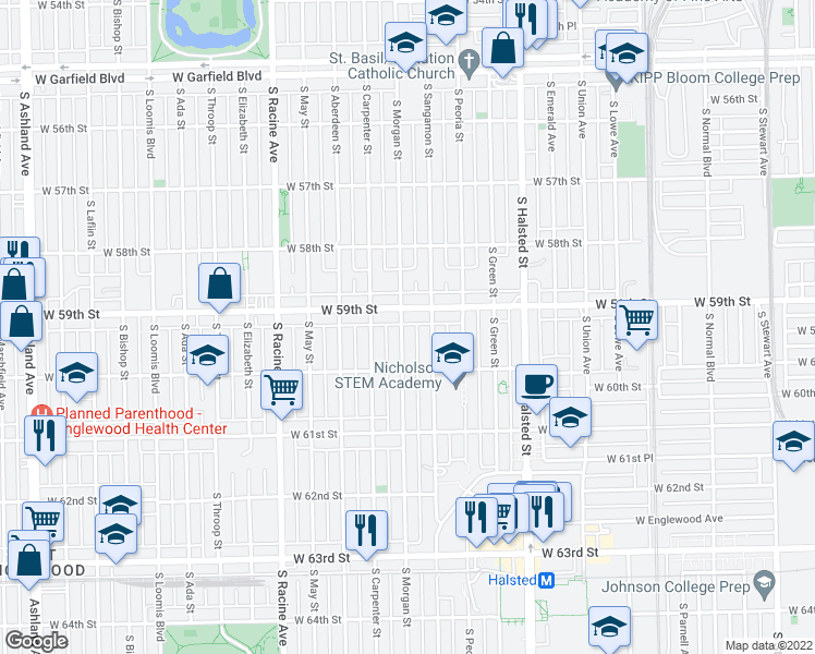 map of restaurants, bars, coffee shops, grocery stores, and more near 5915 South Morgan Street in Chicago