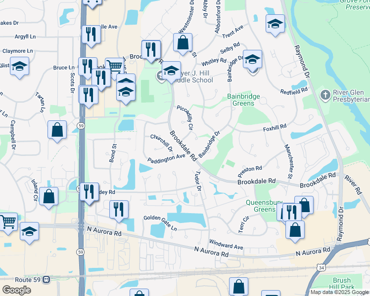 map of restaurants, bars, coffee shops, grocery stores, and more near Brookdale Road in Naperville