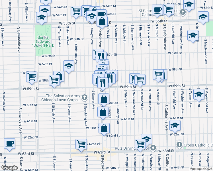 map of restaurants, bars, coffee shops, grocery stores, and more near 5837 South Troy Street in Chicago
