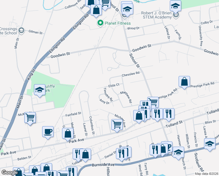 map of restaurants, bars, coffee shops, grocery stores, and more near 34 Elida Court in East Hartford