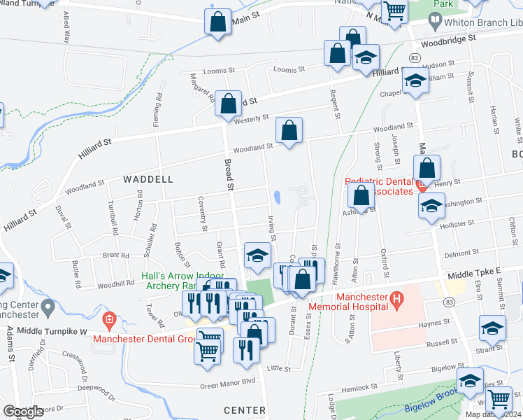 map of restaurants, bars, coffee shops, grocery stores, and more near 11 Lockwood Street in Manchester