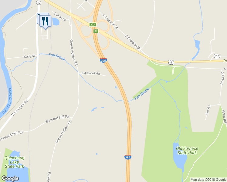 map of restaurants, bars, coffee shops, grocery stores, and more near 43 Fall Brook Road in Killingly