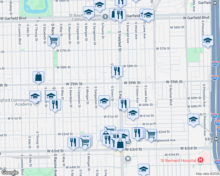 map of restaurants, bars, coffee shops, grocery stores, and more near 833 West 59th Street in Chicago