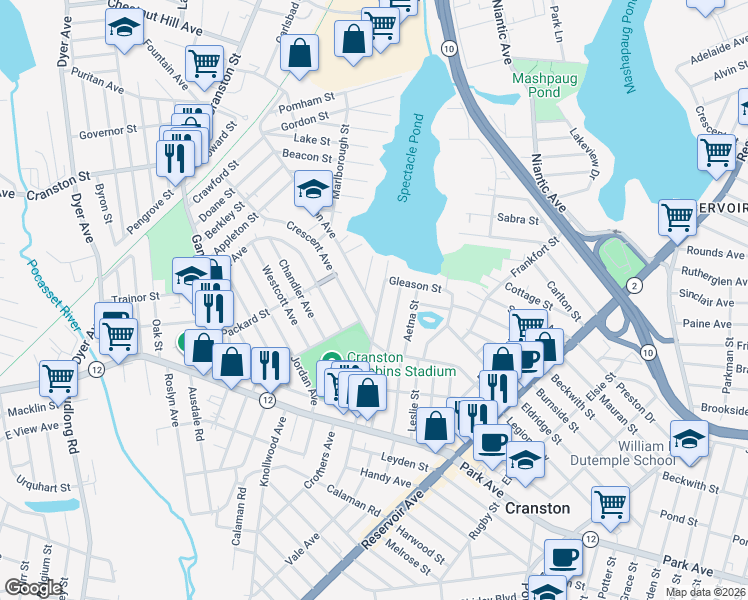 map of restaurants, bars, coffee shops, grocery stores, and more near 216 Harmon Avenue in Cranston