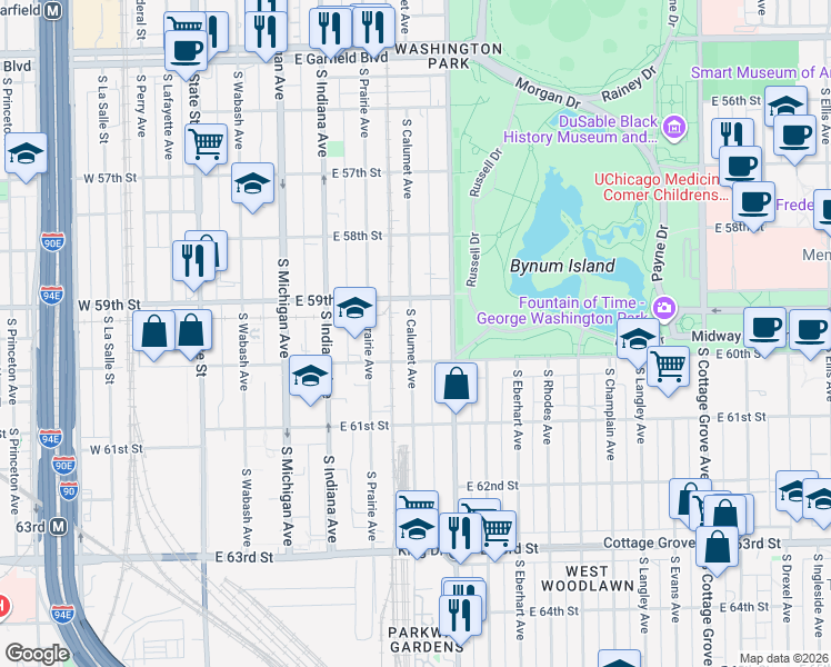 map of restaurants, bars, coffee shops, grocery stores, and more near 5916 South King Drive in Chicago