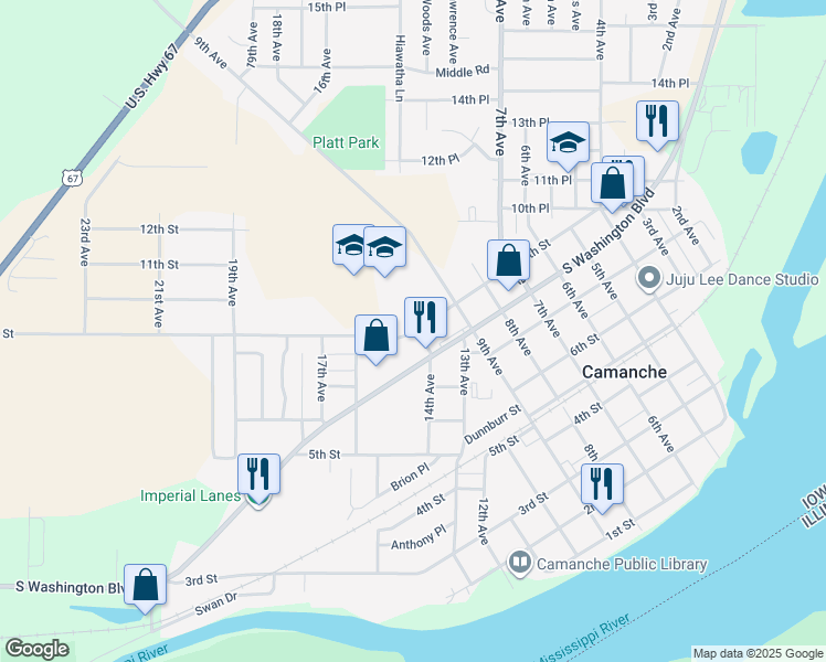 map of restaurants, bars, coffee shops, grocery stores, and more near 1400 9th Street in Camanche