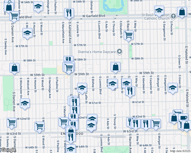 map of restaurants, bars, coffee shops, grocery stores, and more near 5849 South Bishop Street in Chicago