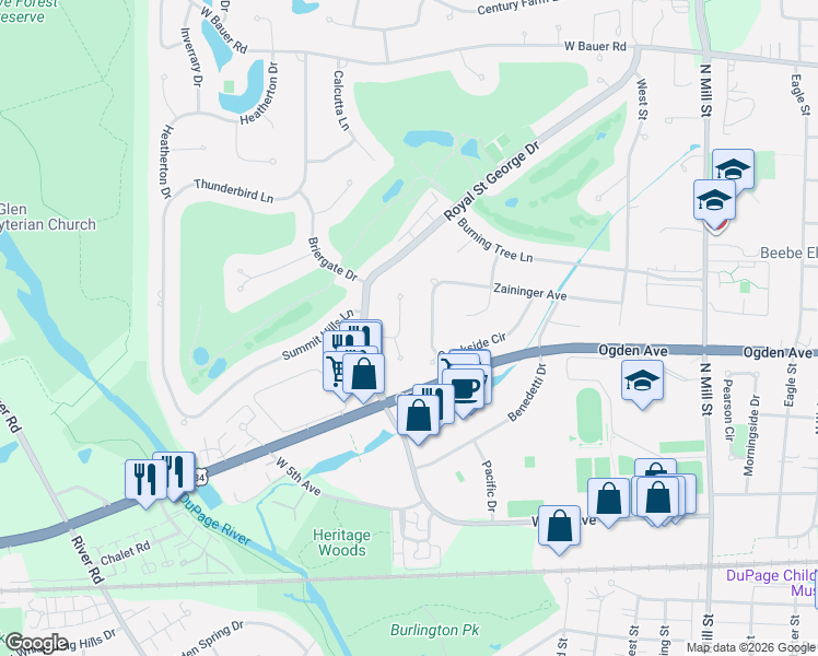 map of restaurants, bars, coffee shops, grocery stores, and more near 999 Creekside Circle in Naperville