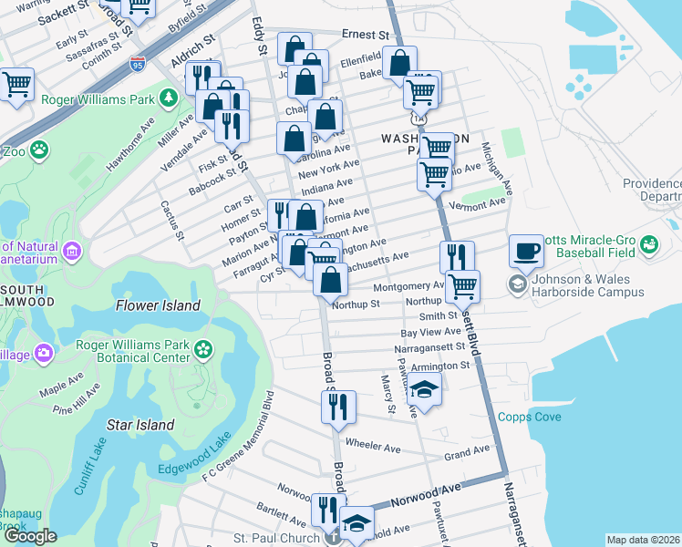 map of restaurants, bars, coffee shops, grocery stores, and more near 267 Massachusetts Avenue in Providence