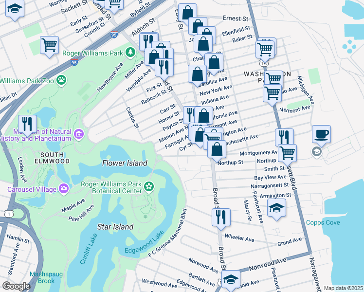 map of restaurants, bars, coffee shops, grocery stores, and more near 45 Farragut Avenue in Providence