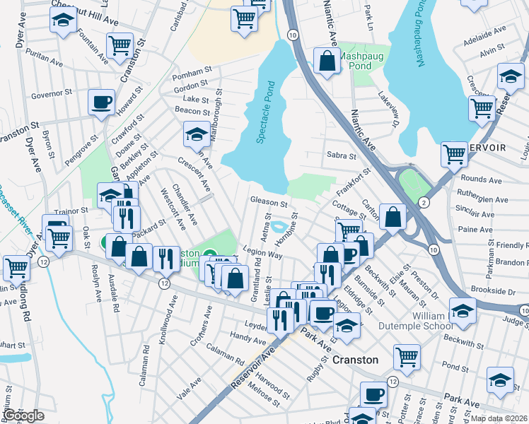 map of restaurants, bars, coffee shops, grocery stores, and more near 80 Gleason Street in Cranston