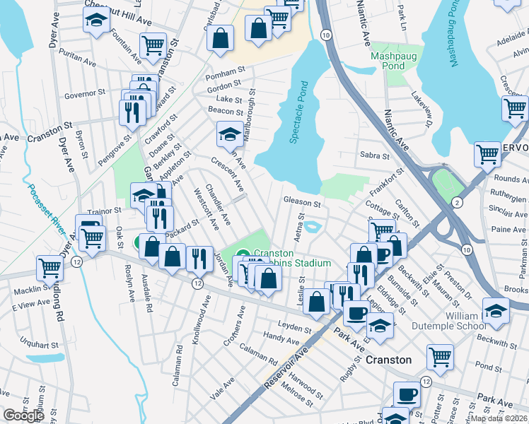 map of restaurants, bars, coffee shops, grocery stores, and more near 189 Harmon Avenue in Cranston