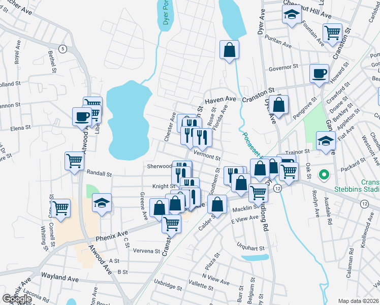 map of restaurants, bars, coffee shops, grocery stores, and more near 18 New Hampshire Street in Cranston