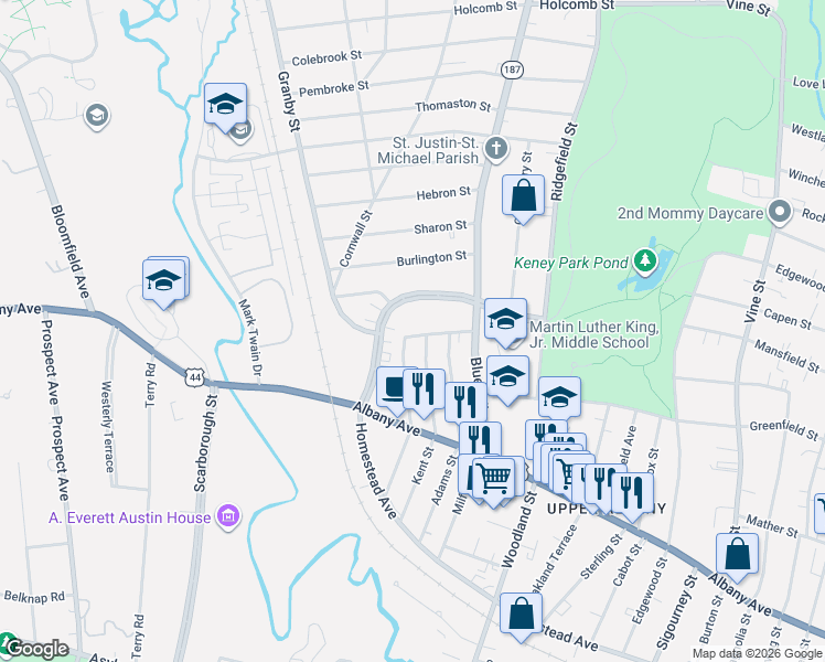 map of restaurants, bars, coffee shops, grocery stores, and more near 114 Westbourne Parkway in Hartford