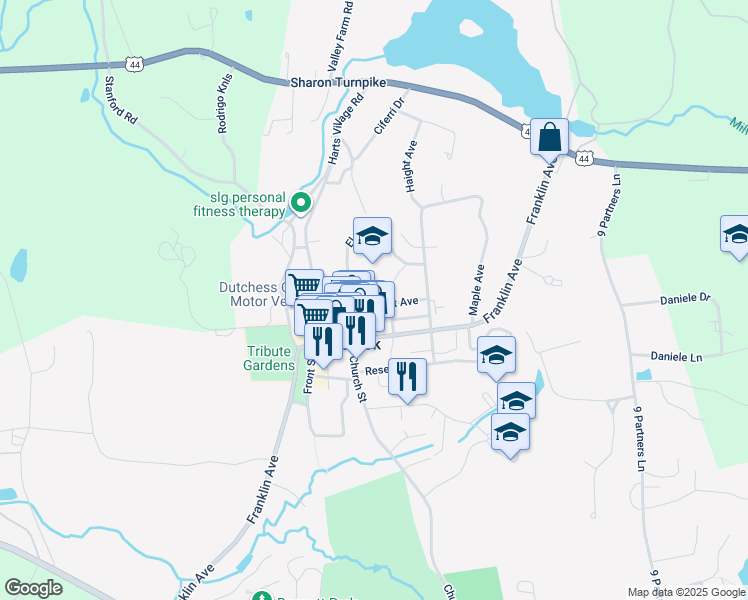 map of restaurants, bars, coffee shops, grocery stores, and more near 12 Elm Drive in Millbrook