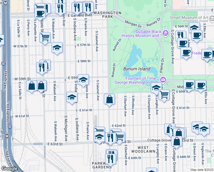map of restaurants, bars, coffee shops, grocery stores, and more near 5916 South King Drive in Chicago