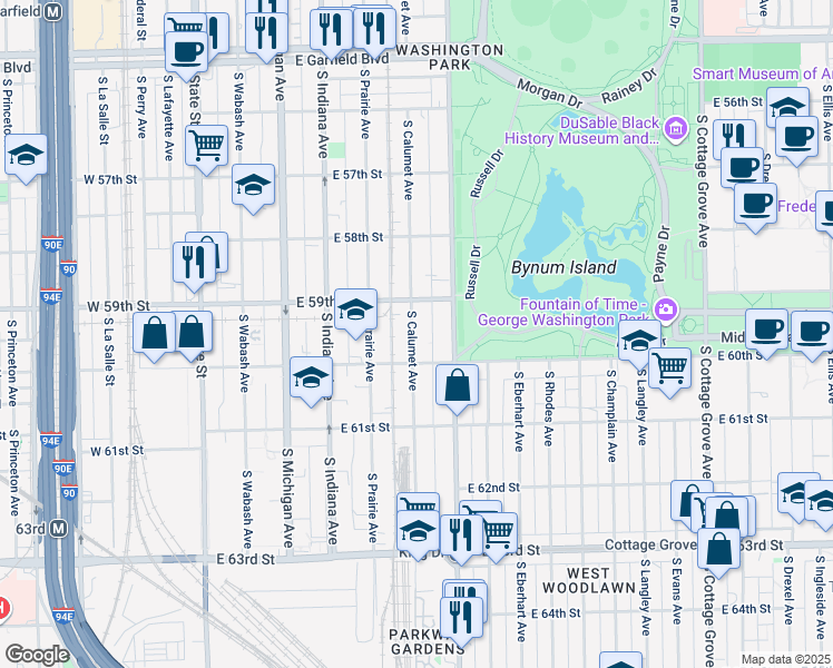 map of restaurants, bars, coffee shops, grocery stores, and more near 5916 South King Drive in Chicago