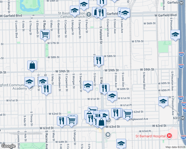 map of restaurants, bars, coffee shops, grocery stores, and more near 833 West 59th Street in Chicago