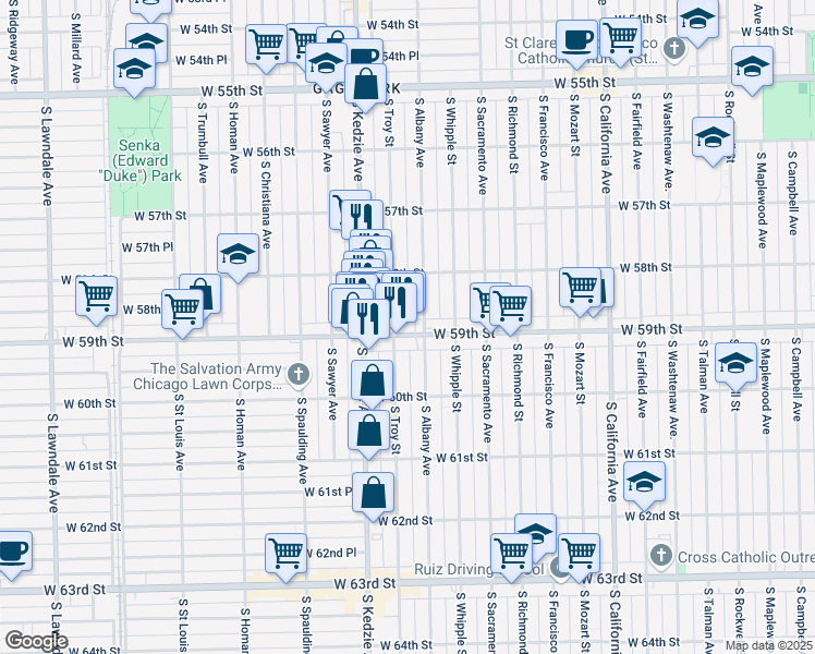 map of restaurants, bars, coffee shops, grocery stores, and more near 5837 South Troy Street in Chicago