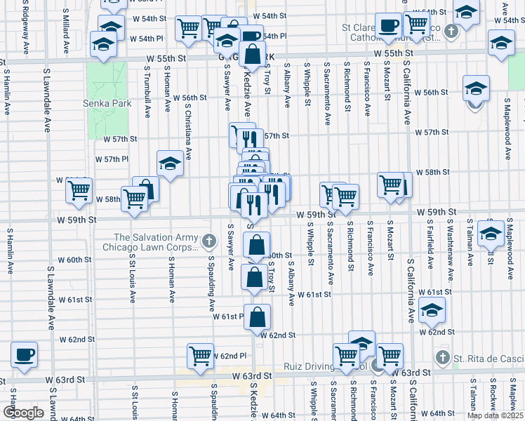 map of restaurants, bars, coffee shops, grocery stores, and more near 5837 South Troy Street in Chicago