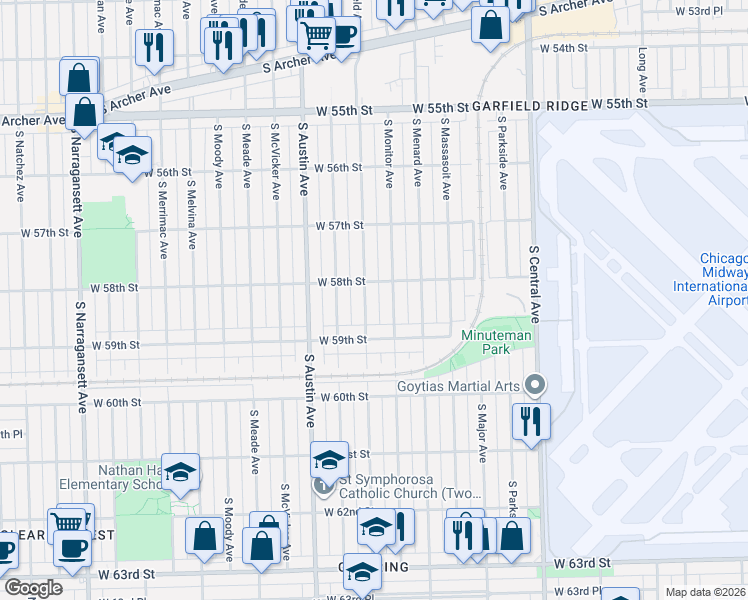 map of restaurants, bars, coffee shops, grocery stores, and more near 5800 South Mayfield Avenue in Chicago