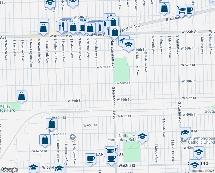 map of restaurants, bars, coffee shops, grocery stores, and more near 5758 South Nagle Avenue in Chicago