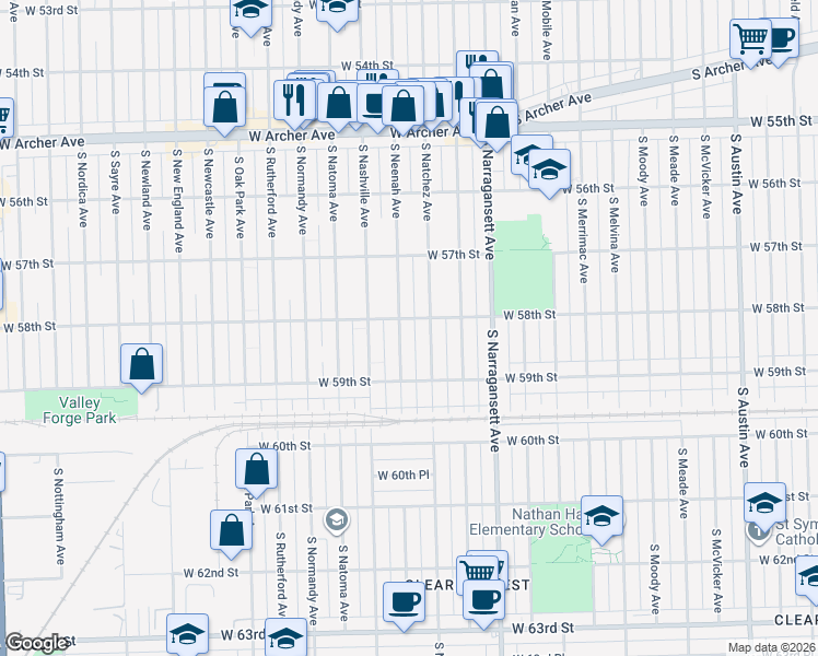 map of restaurants, bars, coffee shops, grocery stores, and more near 5754 South Natchez Avenue in Chicago