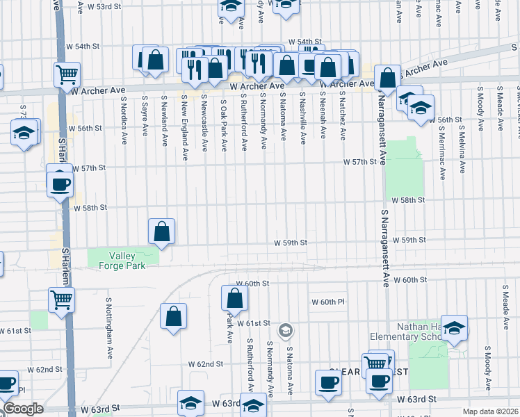 map of restaurants, bars, coffee shops, grocery stores, and more near 5754 South Normandy Avenue in Chicago