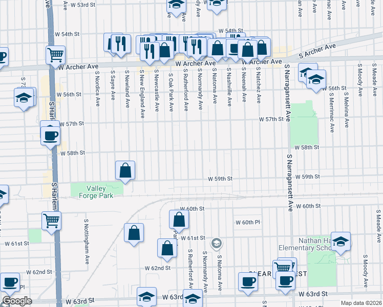 map of restaurants, bars, coffee shops, grocery stores, and more near 5754 South Rutherford Avenue in Chicago