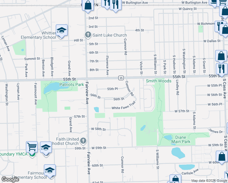 map of restaurants, bars, coffee shops, grocery stores, and more near 212 55th Place in Downers Grove