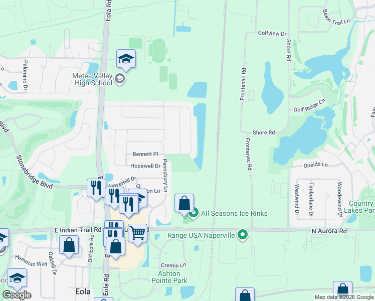 map of restaurants, bars, coffee shops, grocery stores, and more near 1375 Haversham Drive in Aurora