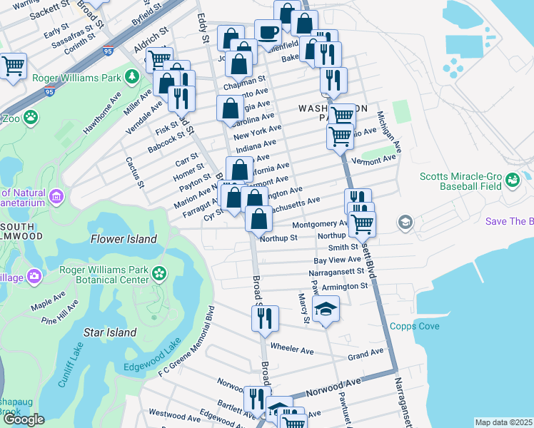 map of restaurants, bars, coffee shops, grocery stores, and more near 267 Massachusetts Avenue in Providence