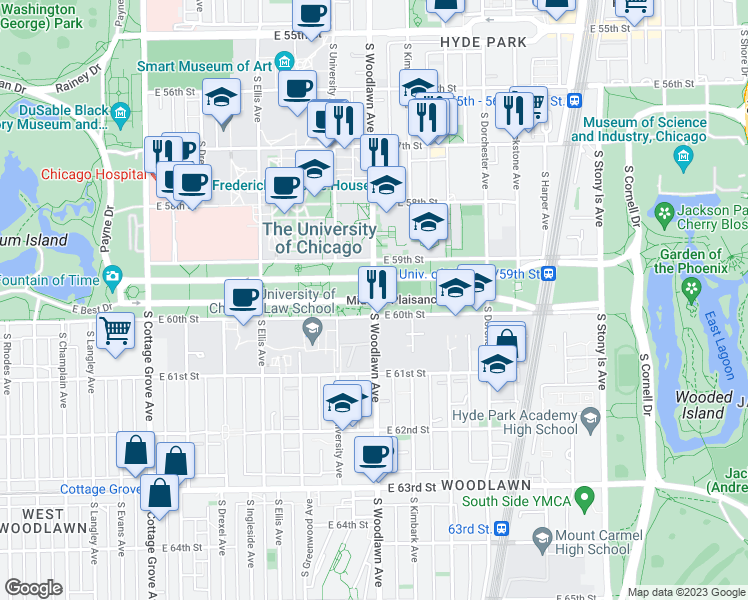 map of restaurants, bars, coffee shops, grocery stores, and more near S Woodlawn Ave & Midway Plaisance in Chicago