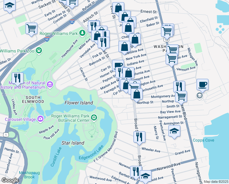 map of restaurants, bars, coffee shops, grocery stores, and more near 45 Farragut Avenue in Providence
