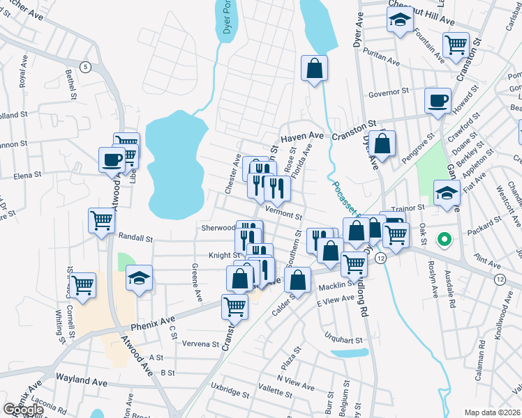 map of restaurants, bars, coffee shops, grocery stores, and more near 18 New Hampshire Street in Cranston