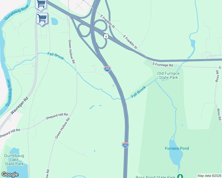 map of restaurants, bars, coffee shops, grocery stores, and more near 43 Fall Brook Road in Killingly