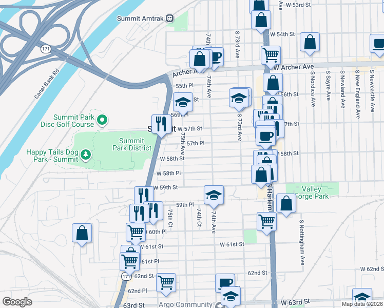 map of restaurants, bars, coffee shops, grocery stores, and more near 7441 57th Place in Summit