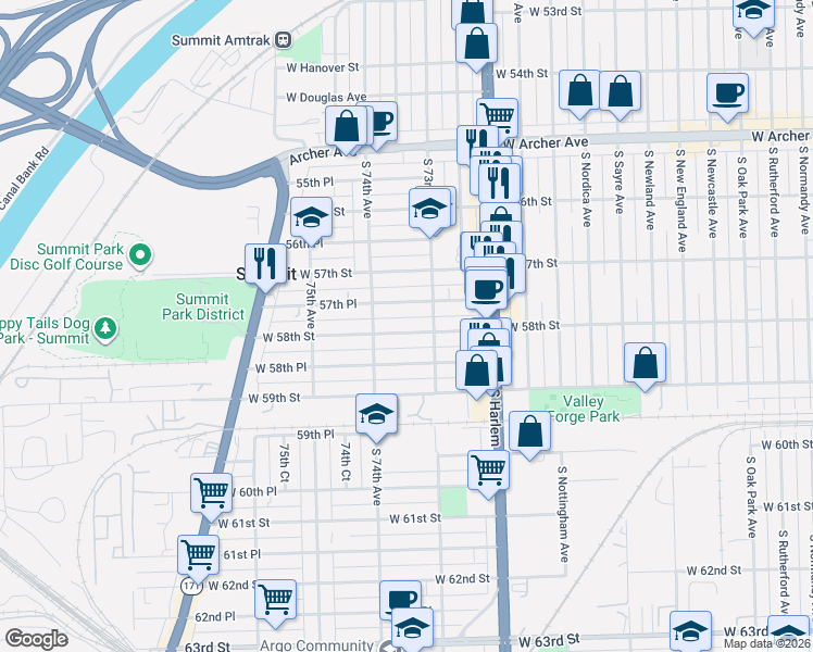 map of restaurants, bars, coffee shops, grocery stores, and more near 7339 57th Place in Summit