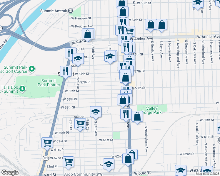 map of restaurants, bars, coffee shops, grocery stores, and more near 7301 57th Place in Summit