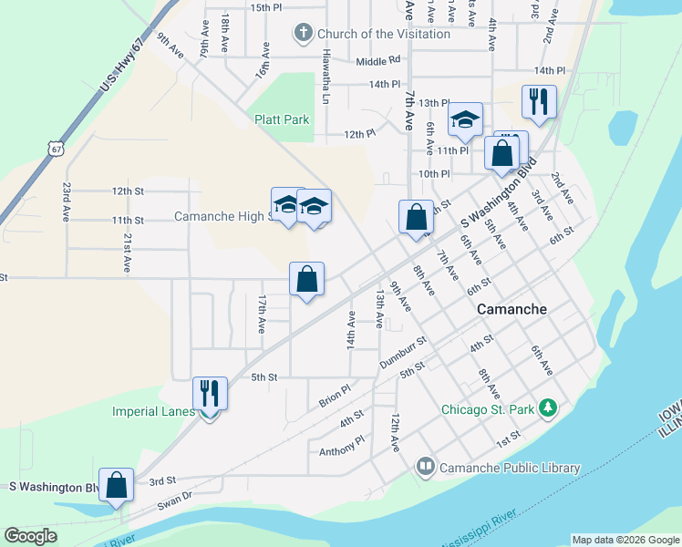 map of restaurants, bars, coffee shops, grocery stores, and more near 1398 County Highway F21 in Camanche