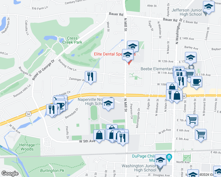 map of restaurants, bars, coffee shops, grocery stores, and more near 535 West Ogden Avenue in Naperville