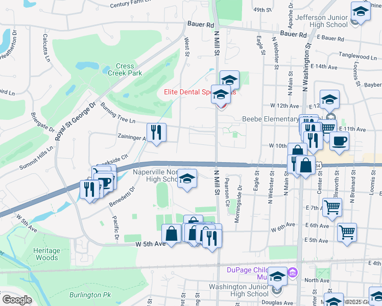 map of restaurants, bars, coffee shops, grocery stores, and more near 535 West Ogden Avenue in Naperville
