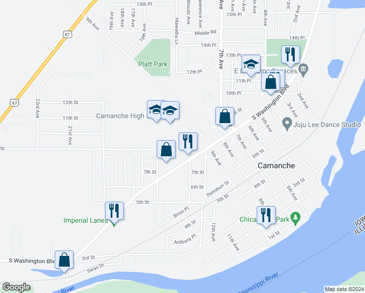 map of restaurants, bars, coffee shops, grocery stores, and more near 917 County Highway F21 in Camanche