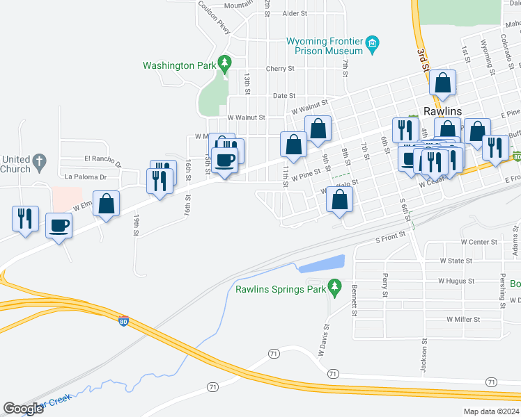 map of restaurants, bars, coffee shops, grocery stores, and more near 1218 West Jeffers Drive in Rawlins
