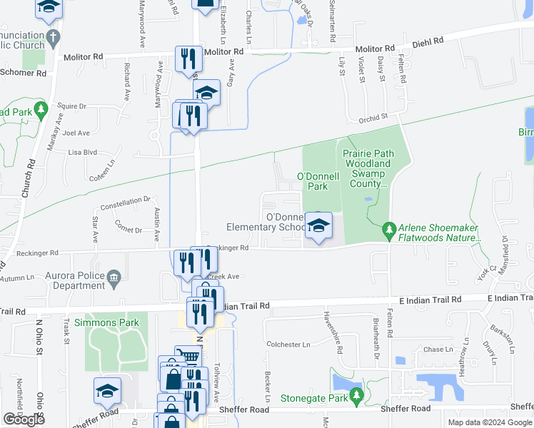 map of restaurants, bars, coffee shops, grocery stores, and more near 1423 McClure Road in Aurora
