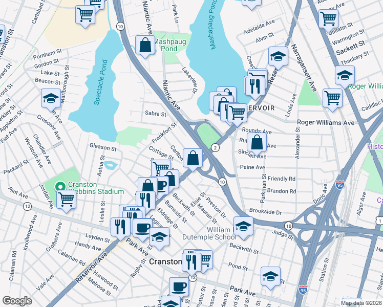map of restaurants, bars, coffee shops, grocery stores, and more near 411 Reservoir Avenue in Providence