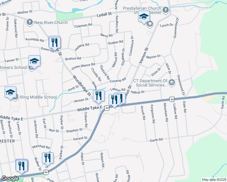 map of restaurants, bars, coffee shops, grocery stores, and more near 19 Denver Road in Manchester