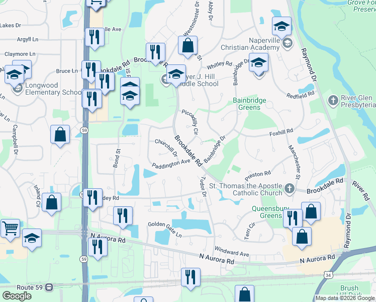 map of restaurants, bars, coffee shops, grocery stores, and more near 1751 Brookdale Road in Naperville